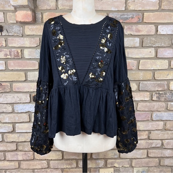 ANTHROPOLOGIE black and gold Neale sequined peplum top - Picture 3 of 13